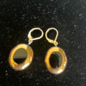 Gold Oval/Black Dangle Earrings with Polished Finish